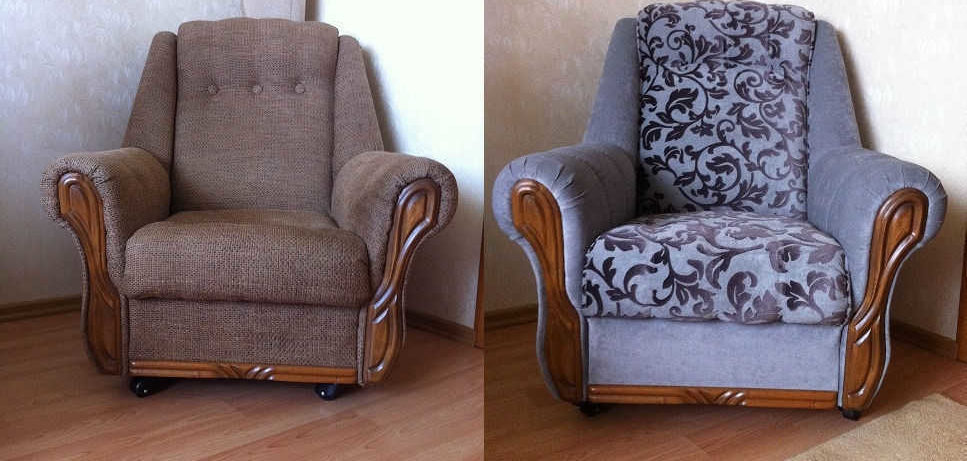 before and after image of reupholstered armchairs
